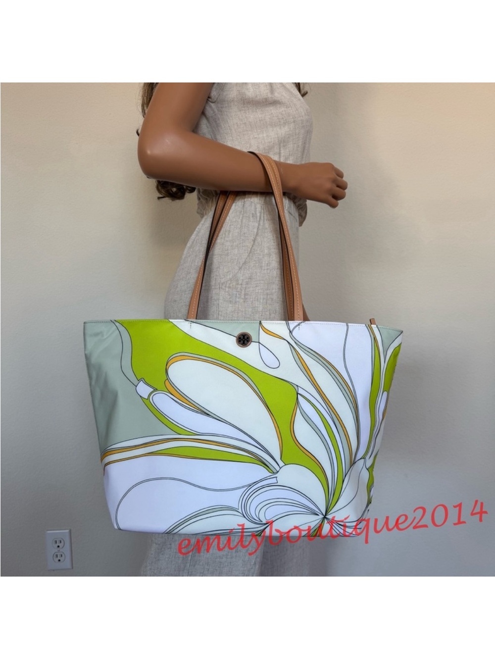NWT Tory Burch 170266 Ella Nylon Printed Tote Zip Bag Chartreuse Twisty Flower